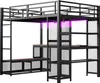 A loft bed with an integrated desk and shelves, illuminated by purple LED lights. Voir les images du produit