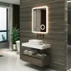 A modern bathroom with a vanity, sink, and illuminated mirror. Anteprima dell’immagine prodotto