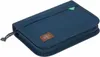 A closed navy blue pouch with a zipper and a small brown logo patch. Voir les images du produit