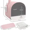 A pink and gray cat litter box with dimensions shown, along with a pink litter mat and a white litter tray. Produktbild-Vorschau