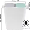 A white dual-compartment trash can with gray and mint green lids, showing dimensions and weight. Produktbild-Vorschau