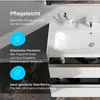 A close-up view of a white bathroom vanity with drawers, showcasing its features and materials. Produktbild-Vorschau