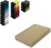 A folded bedsheet is shown on a white background, with stacks of fabric swatches in various colors in the upper left corner. Produktbild-Vorschau