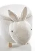 A white, fluffy bunny-shaped stool with wooden legs, shown from the front on a white background. Produktbild-Vorschau