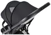 Close-up view of the canopy and handle of a black stroller. Voir les images du produit