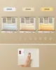 A visual demonstration of three different lighting color temperatures (6000K, 4000K, 3000K) applied to a white and wood cabinet with glass doors, followed by an image of a finger pressing a button on a light switch. Náhled obrázku produktu
