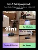 Collage of images showing a robot vacuum cleaner in different cleaning modes. Produktbild-Vorschau