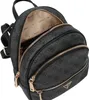 A close-up view of a gray Guess backpack with a repeating logo pattern and gold zippers. Produktbild-Vorschau