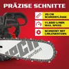 A close-up of a chainsaw with marketing text and feature callouts. Produktbild-Vorschau