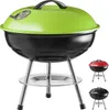 A green and black charcoal grill is shown in the center of the image, with smaller red and black grills shown in the bottom right corner. Voir les images du produit