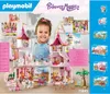 A collage of a Playmobil Princess Magic castle playset with a young girl smiling in the center. Voir les images du produit