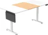 A white adjustable desk with a wood-colored section in the middle and a gray panel attached to the side. Produktbild-Vorschau