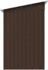 A brown metal shed with a white roof, shown from the front. Podgląd zdjęcia produktu