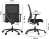 Two views of a black office chair with dimensions indicated by lines and text. Produktbild-Vorschau