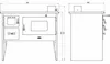 Technical drawing of a wood-burning stove with dimensions indicated. Náhľad obrázku produktu