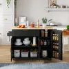A black kitchen island with a wooden countertop is shown in a kitchen setting. Produktbild-Vorschau