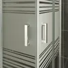 A close-up view of a shower door with frosted glass and metal handles. Produktbild-Vorschau