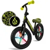 A black balance bike with yellow handlebars and seat, featuring colorful LED lights in the wheels and neon yellow graphics. Produktbild-Vorschau