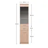 A tall, narrow cabinet with glass doors and drawers, shown with dimensions. Náhled obrázku produktu