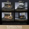A collage of four images showcasing different features of a robot vacuum cleaner and its base station. Produktbild-Vorschau