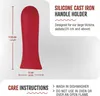 A red silicone handle holder for cast iron skillets is shown with dimensions and care instructions. Produktbild-Vorschau