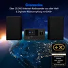 A MEDION P85003 micro audio system with two speakers is displayed against a backdrop of Earth from space, with text overlays highlighting its features and awards. Produktbild-Vorschau