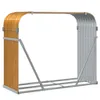 A product shot of a firewood rack with a wood-look finish on one side and a silver corrugated metal finish on the other. Náhled obrázku produktu