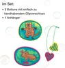A product image showing two buttons and a necklace with heart pendants, surrounded by bubbles. Produktbild-Vorschau