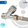 A close-up of a chrome plumbing valve with a braided hose attached. Produktbild-Vorschau