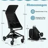 A diagram showing a stroller in its open and folded states with dimensions and specifications. Produktbild-Vorschau