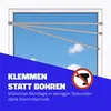 A window with a tension rod installed, with promotional text and a no-drill icon. Produktbild-Vorschau