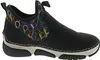 A side view of a black women's boot with a colorful balloon pattern on the ankle. Voir les images du produit