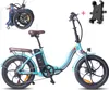 A teal folding electric bicycle is shown with a phone mount accessory and a folded version of the bicycle in the background. Produktbild-Vorschau