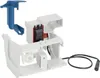 A white plastic toilet flush mechanism with a blue plastic lever attachment. Produktbild-Vorschau