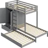 A gray bunk bed with a wardrobe, pull-out bed, shelf, and drawer. Náhled obrázku produktu