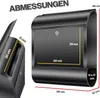 A black mailbox with dimensions indicated by yellow lines and text. Produktbild-Vorschau