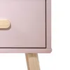 A close-up view of a pink bedside table with a wooden handle and leg. Produktbild-Vorschau