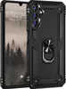 A black rugged phone case with a ring holder is shown next to a smartphone displaying the time and date. Produktbild-Vorschau