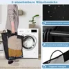 A person is holding a laundry basket next to a washing machine, with close-up shots of the product's features. Produktbild-Vorschau
