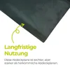 A close-up of a dark green fabric, likely a cover or tarp, with a yellow arrow pointing to it and text overlays. Produktbild-Vorschau