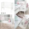 Collage of images showing a white baby crib in different settings and configurations, including attached to a larger bed. Produktbild-Vorschau
