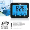 A digital alarm clock is shown in front of a bedroom scene, with a logo and feature list below. Podgląd zdjęcia produktu