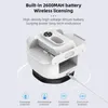 A white electronic device with a charging cable plugged in, set against a light gray and white background with text and icons describing its features. Podgląd zdjęcia produktu