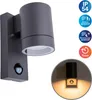 A modern gray outdoor wall lamp with a motion sensor and other features indicated by icons. Produktbild-Vorschau