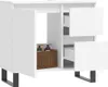 A white bathroom cabinet with doors and drawers open, showing two bottles and a basket inside. Produktbild-Vorschau