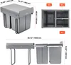 Multiple views of a pull-out kitchen trash bin system with dimensions and capacity labels. Produktbild-Vorschau