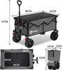 Collage of images showing a foldable wagon and its dimensions, including a folded view and a side view with measurements. Voir les images du produit