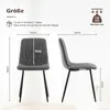 A size chart for a set of four gray velvet dining chairs, showing dimensions and maximum load capacity. Voir les images du produit