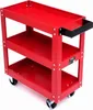 A red three-tier tool cart with black wheels and a black handle on a white background. Produktbild-Vorschau