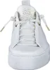 A close-up, front-facing view of a white sneaker with gold accents. Voir les images du produit